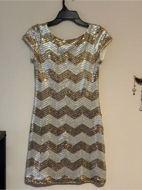 White House Black Market Gold and White Sequin Chevron Shift Dress